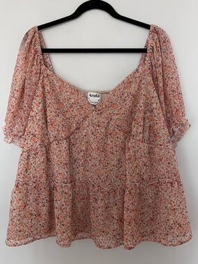 ARULA Boho Floral Chiffon Babydoll Top, Size C(3X)